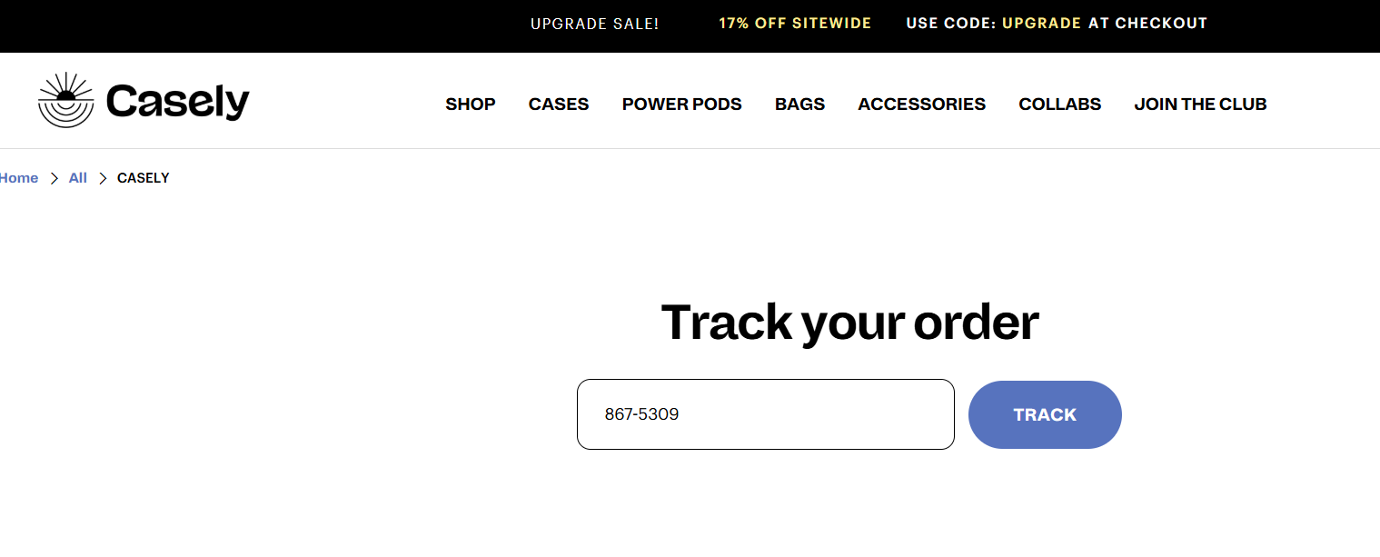 Casely’s order tracking page lets customers enter their order number to track shipments.